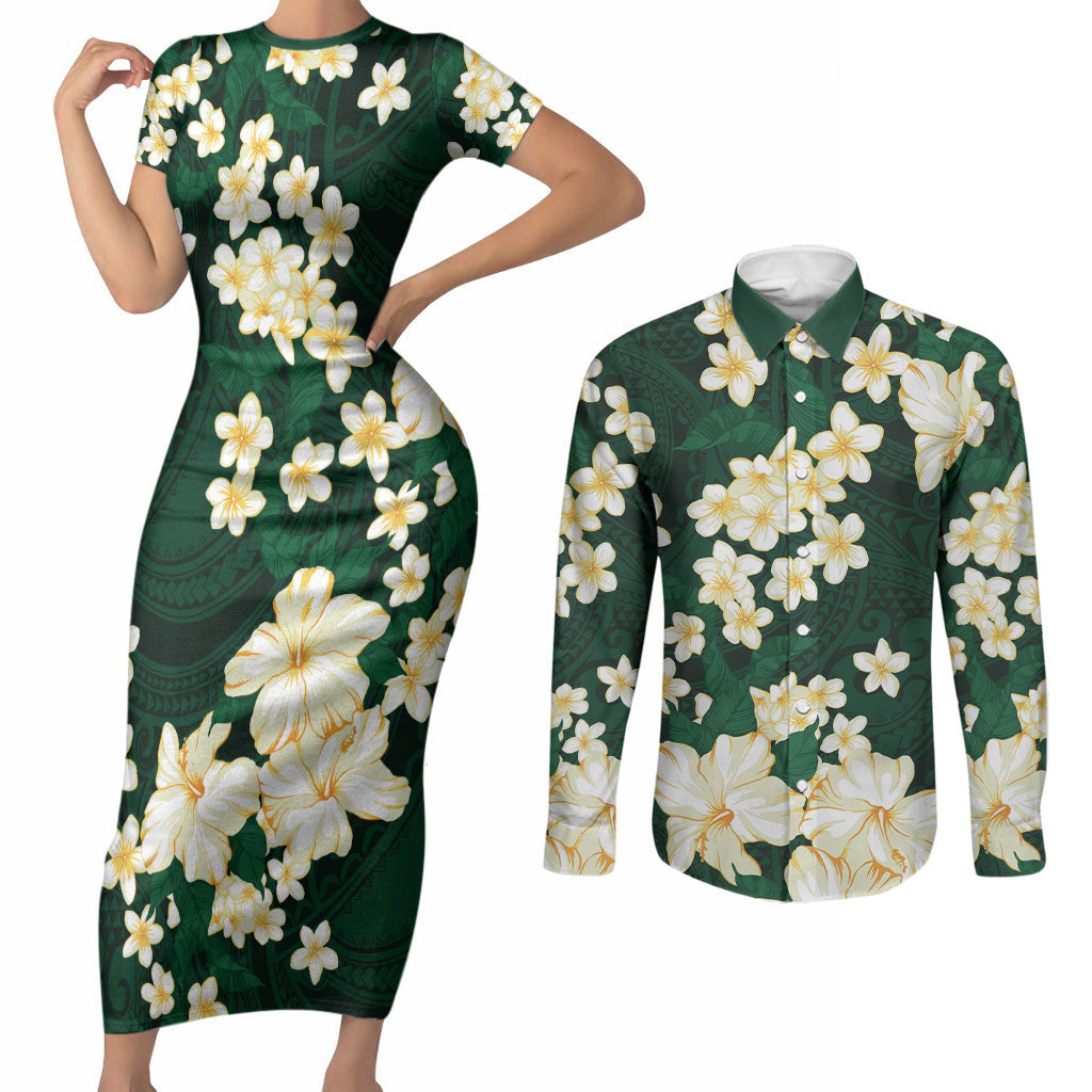 Hawaii Hibiscus Plumeria Green Couples Matching Short Sleeve Bodycon Dress and Long Sleeve Button Shirt Polynesian Pattern LT01 Green - Polynesian Pride