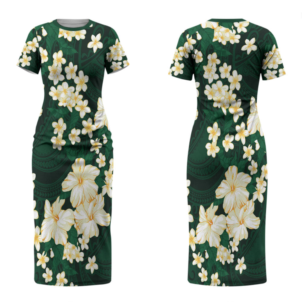 Hawaii Hibiscus Plumeria Green Couples Matching Short Sleeve Bodycon Dress and Long Sleeve Button Shirt Polynesian Pattern LT01 - Polynesian Pride
