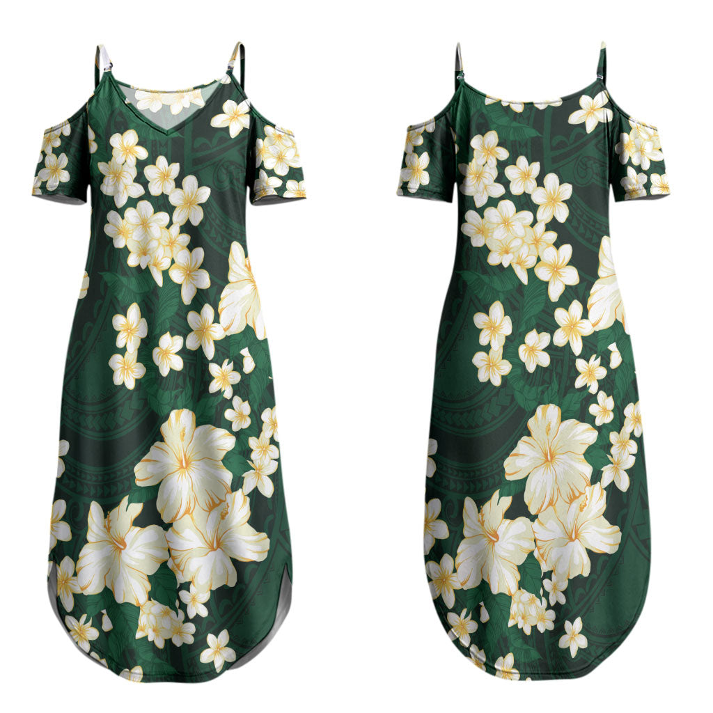 Hawaii Hibiscus Plumeria Green Couples Matching Summer Maxi Dress and Long Sleeve Button Shirt Polynesian Pattern LT01 - Polynesian Pride