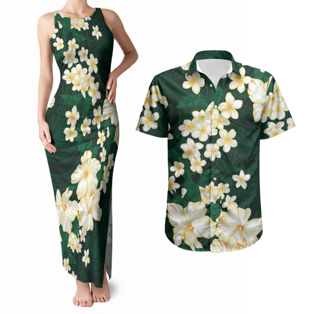 Hawaii Hibiscus Plumeria Green Couples Matching Tank Maxi Dress and Hawaiian Shirt Polynesian Pattern LT01 Green - Polynesian Pride