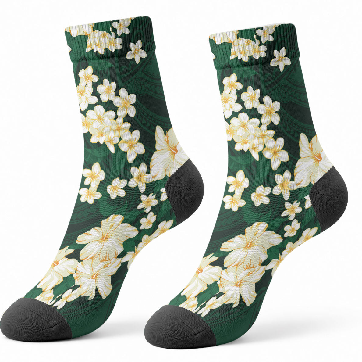 Hawaii Hibiscus Plumeria Green Crew Socks Polynesian Pattern LT01 - Polynesian Pride