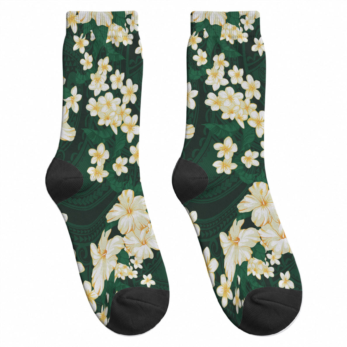 Hawaii Hibiscus Plumeria Green Crew Socks Polynesian Pattern LT01 - Polynesian Pride