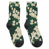 Hawaii Hibiscus Plumeria Green Crew Socks Polynesian Pattern LT01 - Polynesian Pride