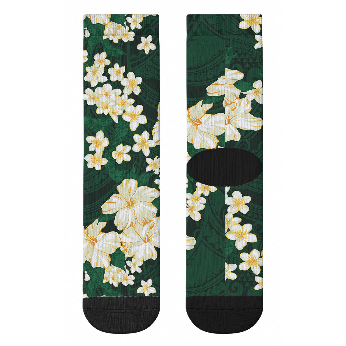 Hawaii Hibiscus Plumeria Green Crew Socks Polynesian Pattern LT01 - Polynesian Pride