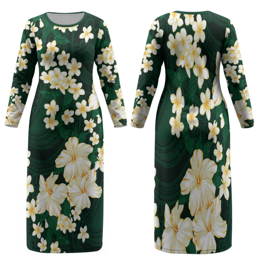 Hawaii Hibiscus Plumeria Green Family Matching Long Sleeve Bodycon Dress and Hawaiian Shirt Polynesian Pattern LT01 Mom's Dress Green - Polynesian Pride