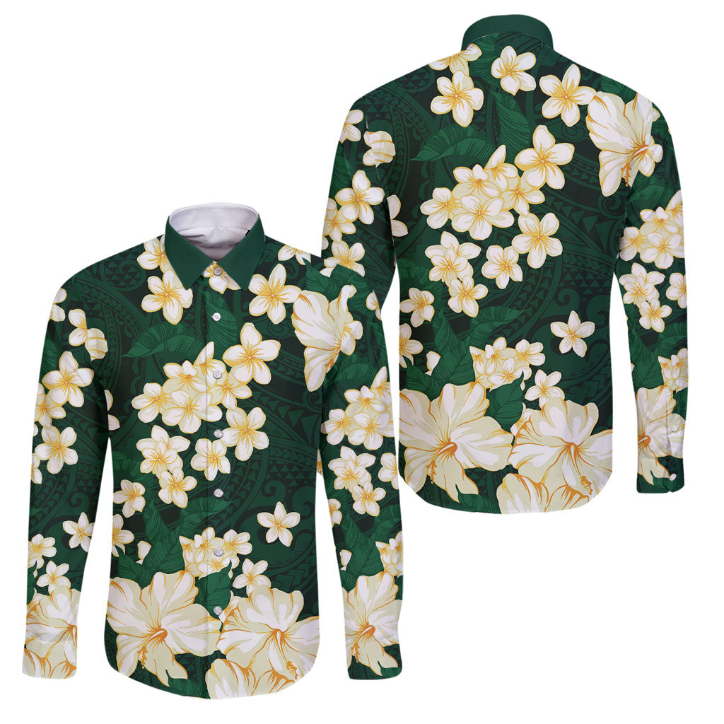 Hawaii Hibiscus Plumeria Green Family Matching Long Sleeve Bodycon Dress and Hawaiian Shirt Polynesian Pattern LT01 Dad's Shirt - Long Sleeve Green - Polynesian Pride