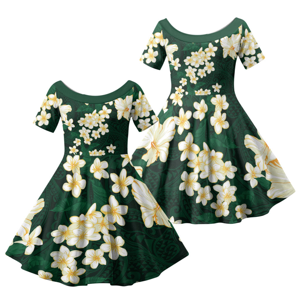 Hawaii Hibiscus Plumeria Green Family Matching Long Sleeve Bodycon Dress and Hawaiian Shirt Polynesian Pattern LT01 Daughter's Dress Green - Polynesian Pride