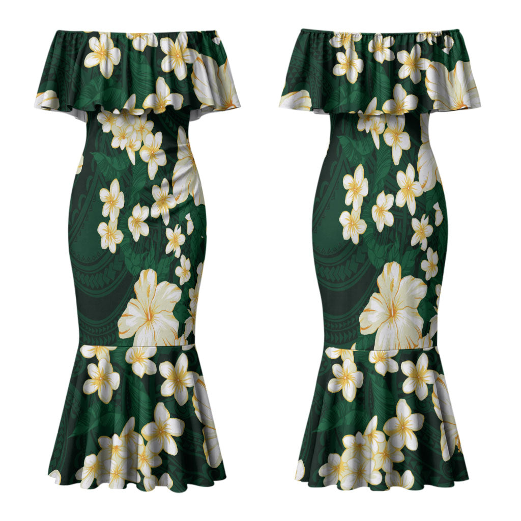 Hawaii Hibiscus Plumeria Green Family Matching Mermaid Dress and Hawaiian Shirt Polynesian Pattern LT01 Mom's Dress Green - Polynesian Pride