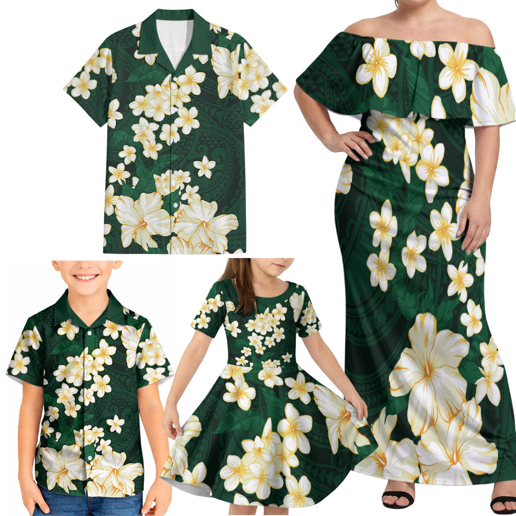Hawaii Hibiscus Plumeria Green Family Matching Off Shoulder Maxi Dress and Hawaiian Shirt Polynesian Pattern LT01 - Polynesian Pride