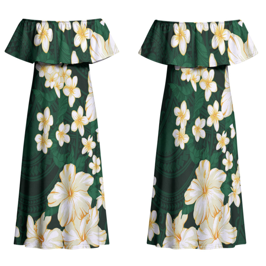 Hawaii Hibiscus Plumeria Green Family Matching Off Shoulder Maxi Dress and Hawaiian Shirt Polynesian Pattern LT01 Mom's Dress Green - Polynesian Pride