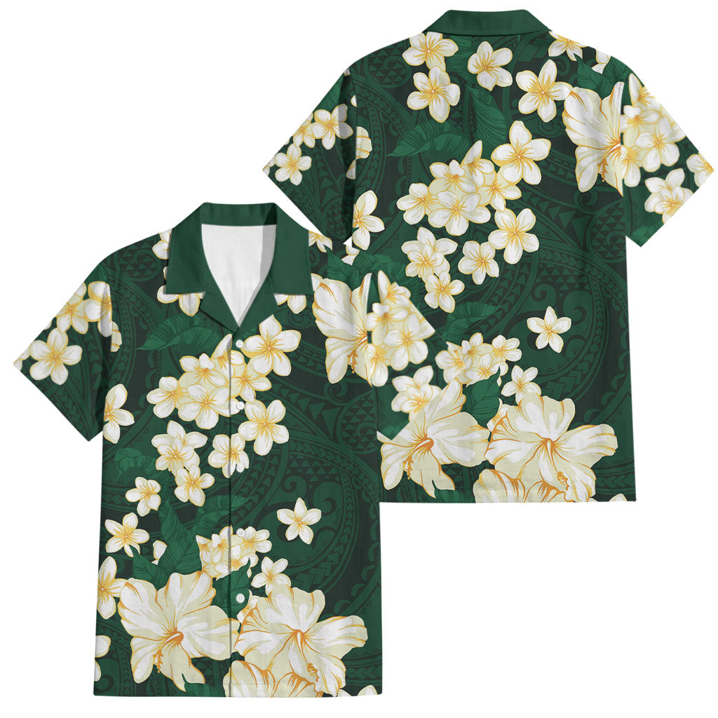 Hawaii Hibiscus Plumeria Green Family Matching Off Shoulder Maxi Dress and Hawaiian Shirt Polynesian Pattern LT01 Dad's Shirt - Short Sleeve Green - Polynesian Pride