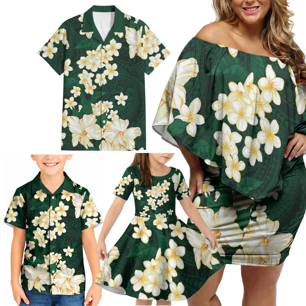 Hawaii Hibiscus Plumeria Green Family Matching Off Shoulder Short Dress and Hawaiian Shirt Polynesian Pattern LT01 - Polynesian Pride