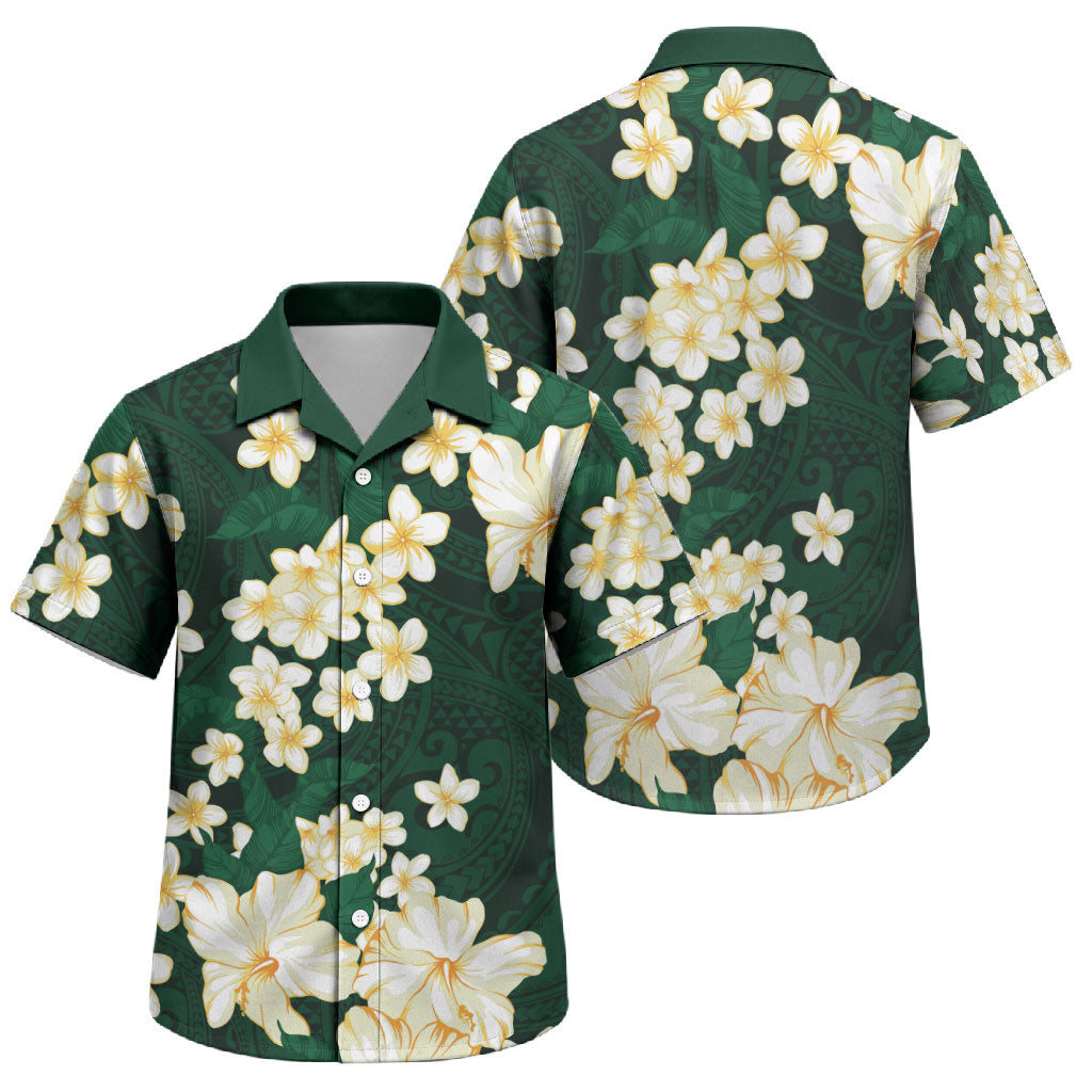 Hawaii Hibiscus Plumeria Green Family Matching Puletasi and Hawaiian Shirt Polynesian Pattern LT01 Son's Shirt Green - Polynesian Pride