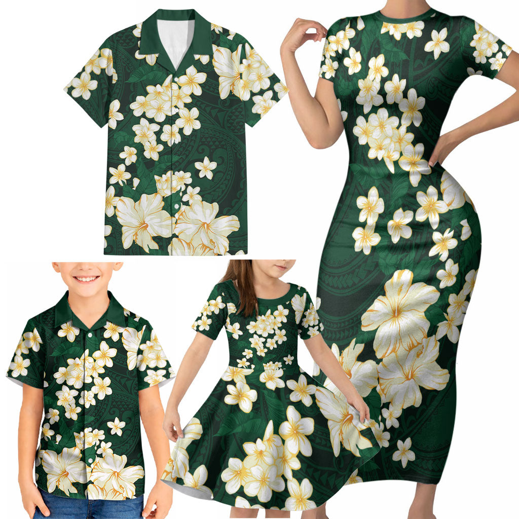 Hawaii Hibiscus Plumeria Green Family Matching Short Sleeve Bodycon Dress and Hawaiian Shirt Polynesian Pattern LT01 - Polynesian Pride