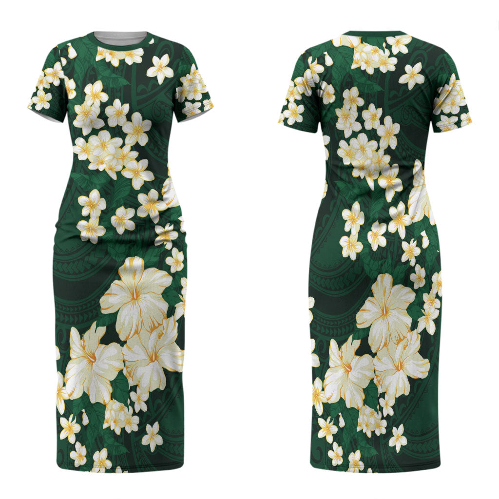 Hawaii Hibiscus Plumeria Green Family Matching Short Sleeve Bodycon Dress and Hawaiian Shirt Polynesian Pattern LT01 Mom's Dress Green - Polynesian Pride