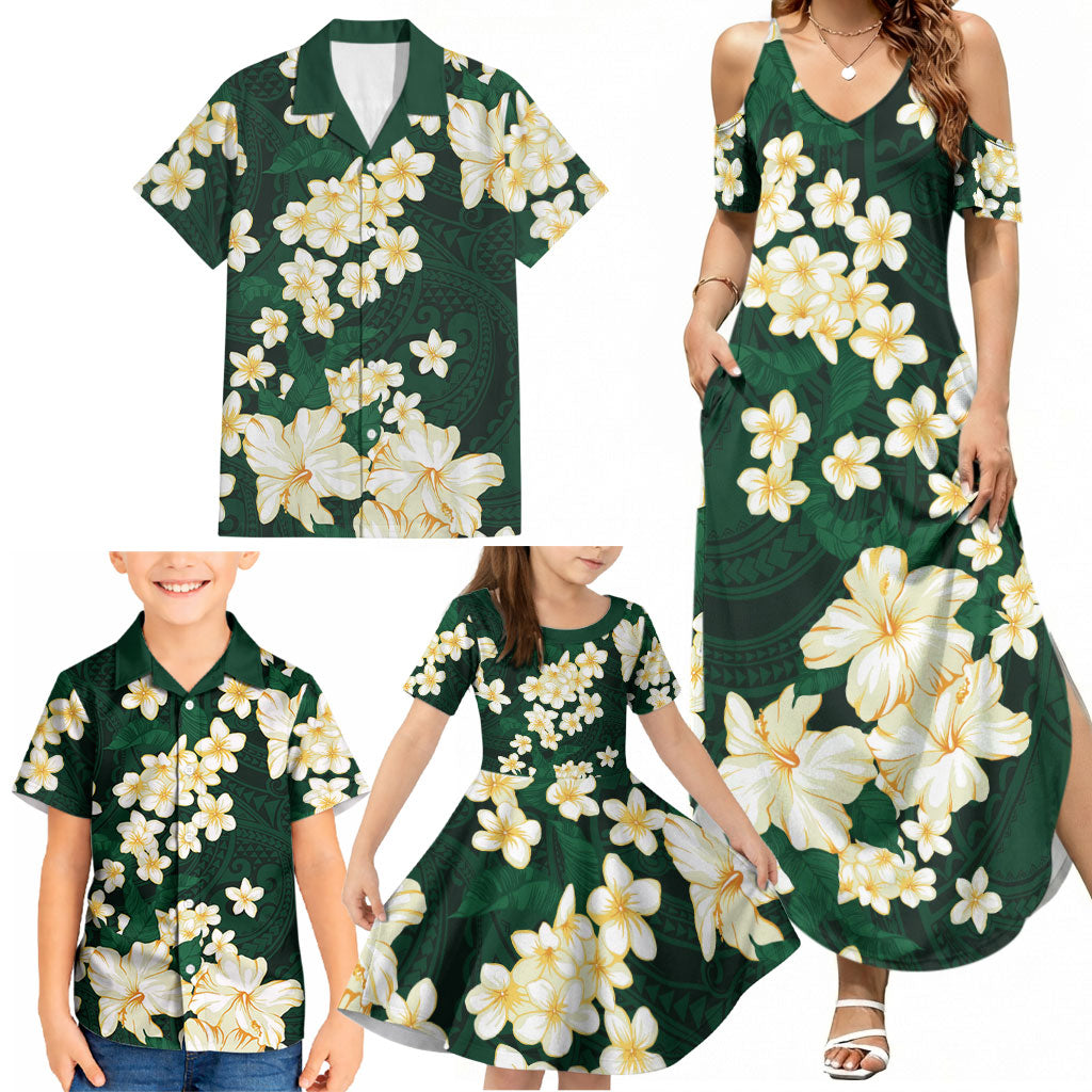 Hawaii Hibiscus Plumeria Green Family Matching Summer Maxi Dress and Hawaiian Shirt Polynesian Pattern LT01 - Polynesian Pride
