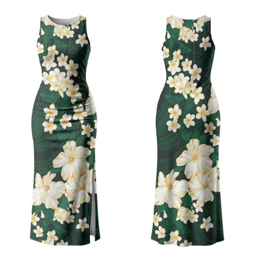 Hawaii Hibiscus Plumeria Green Family Matching Tank Maxi Dress and Hawaiian Shirt Polynesian Pattern LT01 Mom's Dress Green - Polynesian Pride