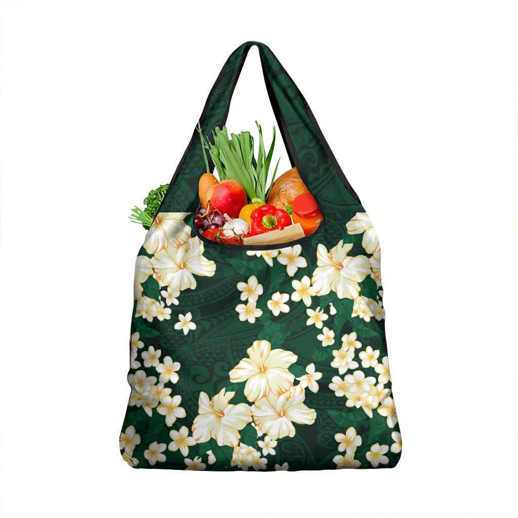 Hawaii Hibiscus Plumeria Green Grocery Bag Polynesian Pattern LT01 1-pack One Size Green - Polynesian Pride