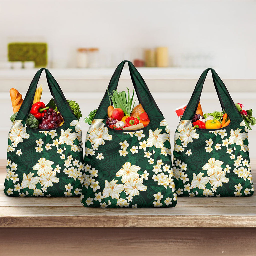 Hawaii Hibiscus Plumeria Green Grocery Bag Polynesian Pattern LT01 3-pack One Size Green - Polynesian Pride