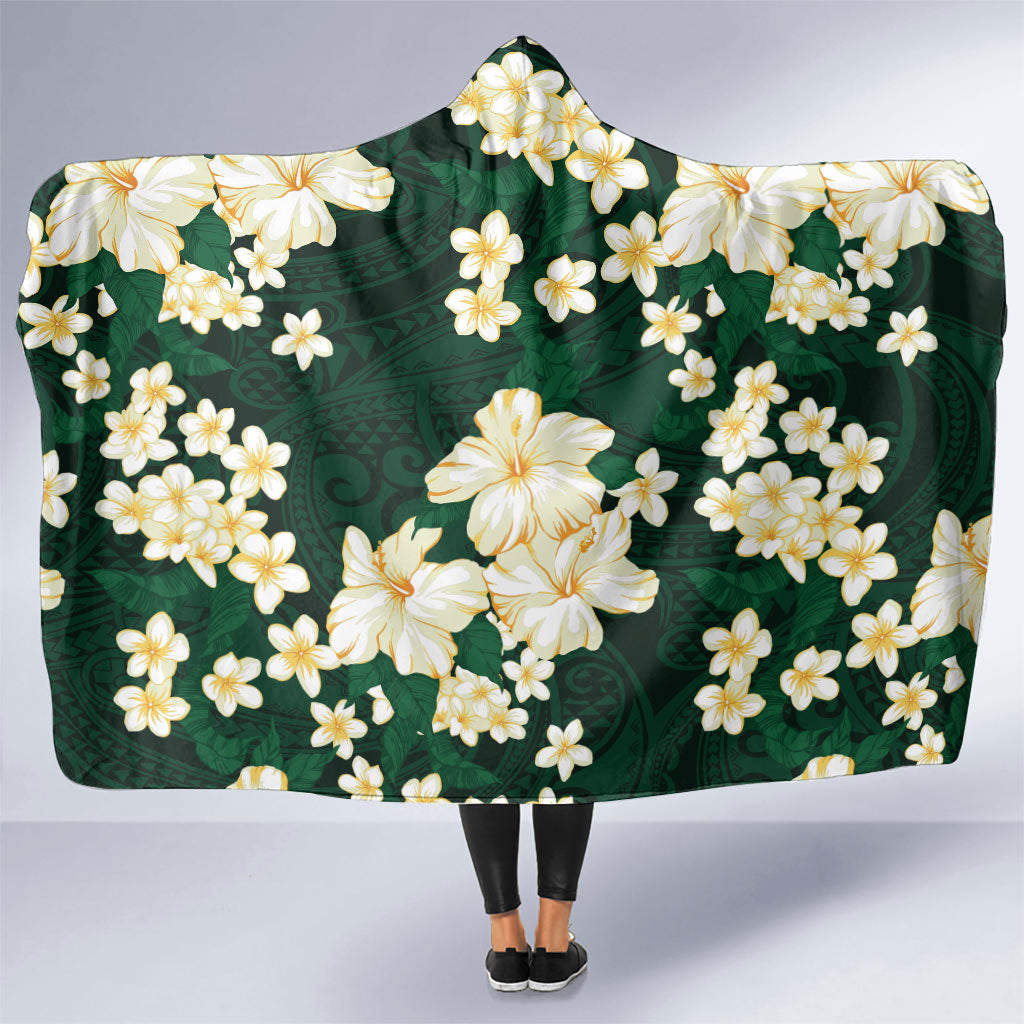 Hawaii Hibiscus Plumeria Green Hooded Blanket Polynesian Pattern LT01 One Size Green - Polynesian Pride