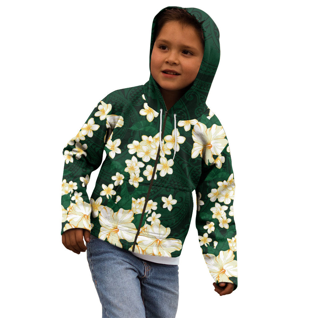 Hawaii Hibiscus Plumeria Green Kid Hoodie Polynesian Pattern LT01 - Polynesian Pride