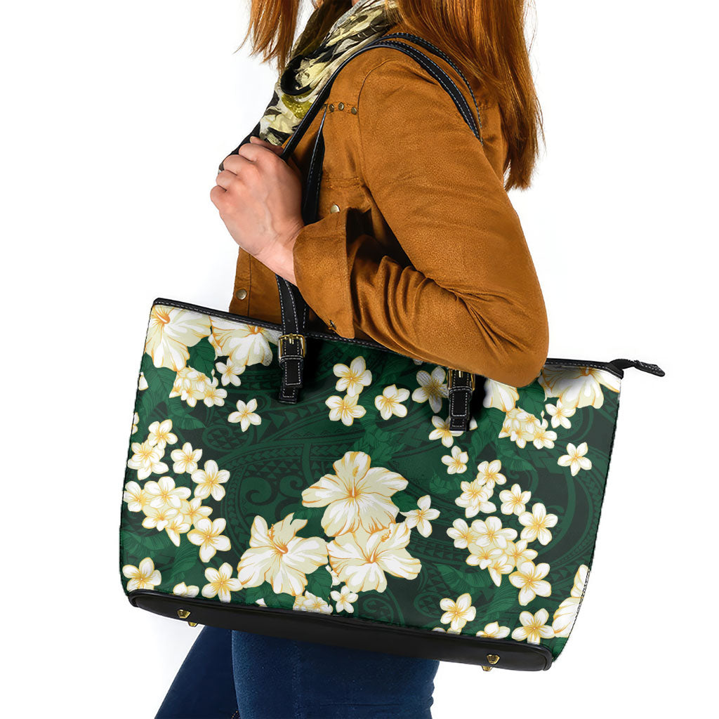 Hawaii Hibiscus Plumeria Green Leather Tote Bag Polynesian Pattern LT01 Green - Polynesian Pride