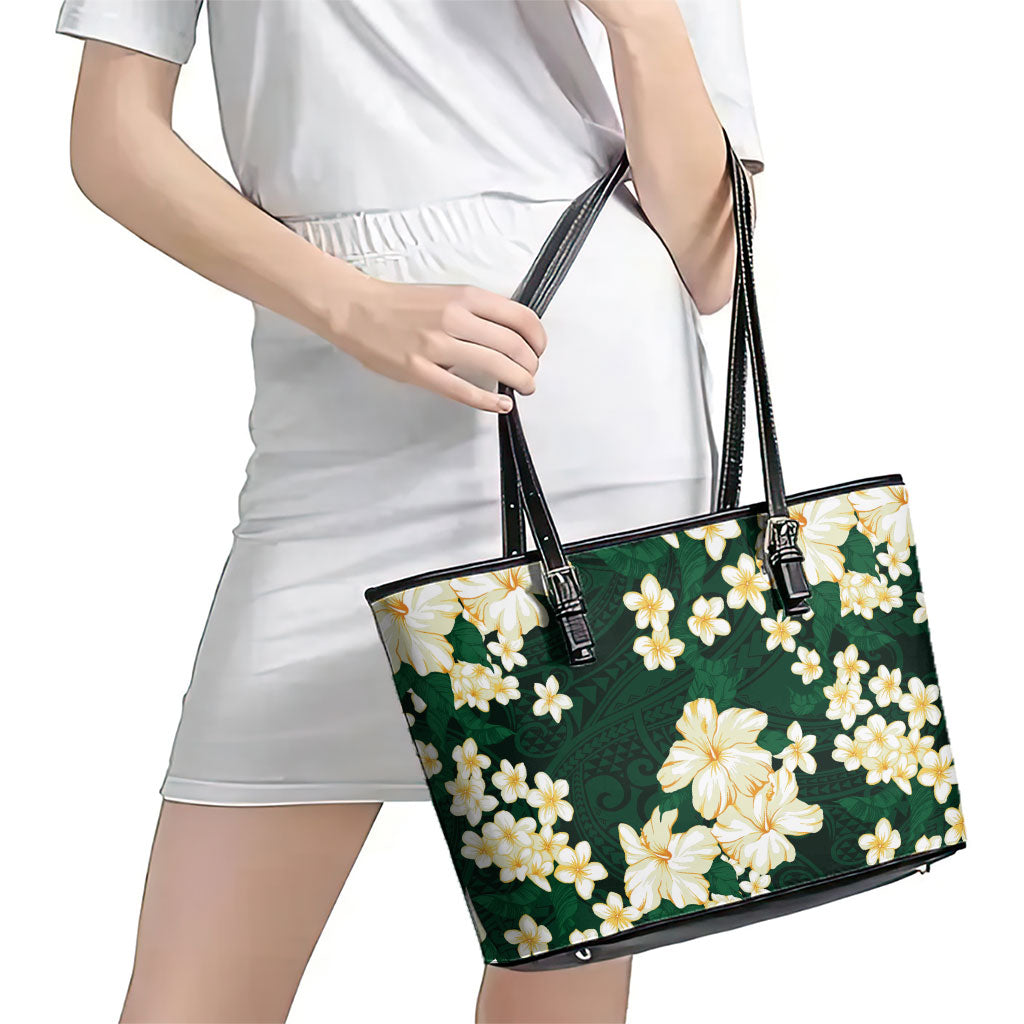 Hawaii Hibiscus Plumeria Green Leather Tote Bag Polynesian Pattern LT01 - Polynesian Pride