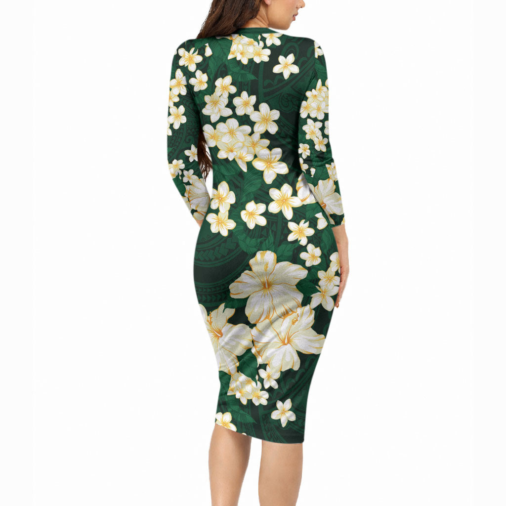 Hawaii Hibiscus Plumeria Green Long Sleeve Bodycon Dress Polynesian Pattern LT01 - Polynesian Pride