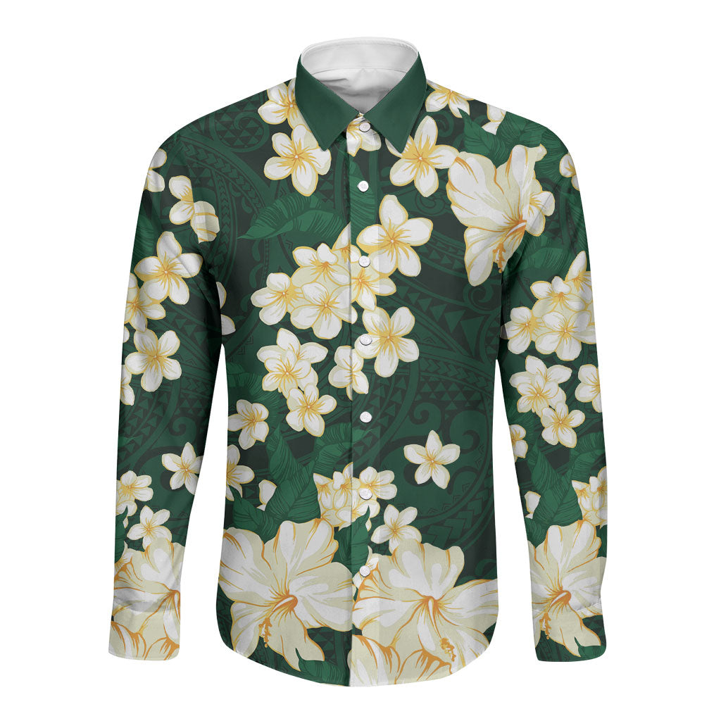 Hawaii Hibiscus Plumeria Green Long Sleeve Button Shirt Polynesian Pattern LT01 Unisex Green - Polynesian Pride