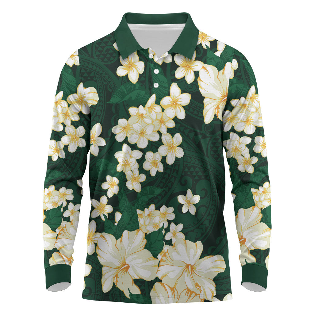Hawaii Hibiscus Plumeria Green Long Sleeve Polo Shirt Polynesian Pattern LT01 Green - Polynesian Pride