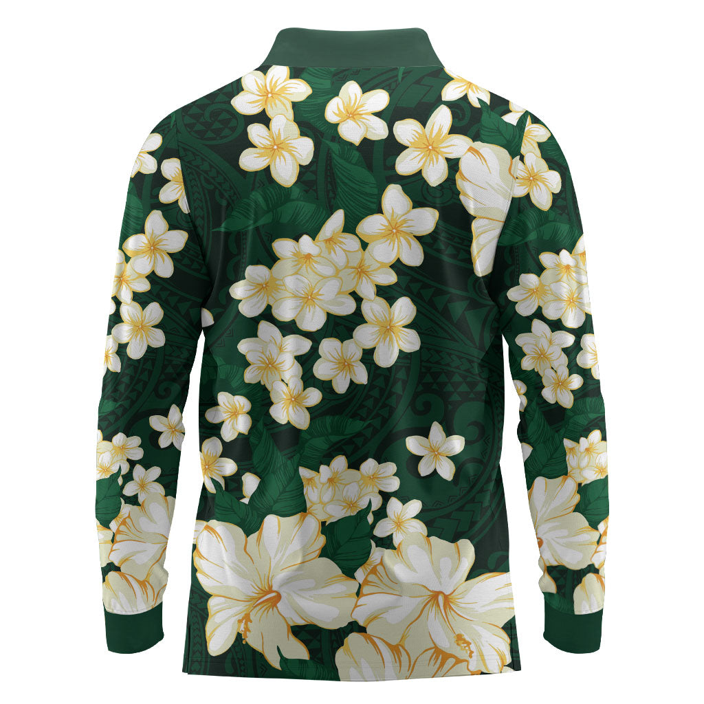 Hawaii Hibiscus Plumeria Green Long Sleeve Polo Shirt Polynesian Pattern LT01 - Polynesian Pride