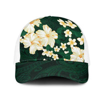 Hawaii Hibiscus Plumeria Green Mesh Trucker Cap Polynesian Pattern LT01 One Size White Green - Polynesian Pride