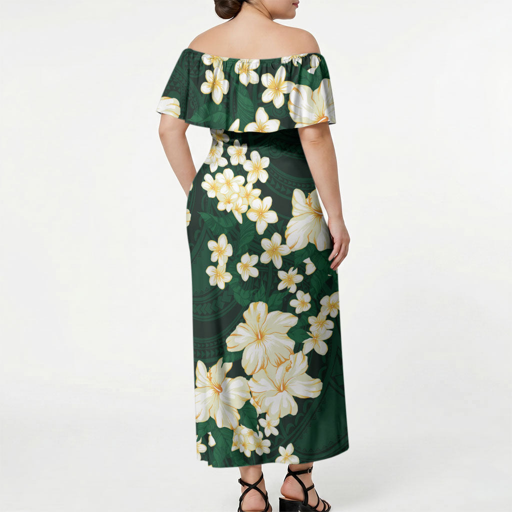 Hawaii Hibiscus Plumeria Green Off Shoulder Maxi Dress Polynesian Pattern LT01 - Polynesian Pride