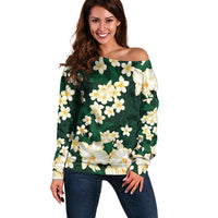 Hawaii Hibiscus Plumeria Green Off Shoulder Sweater Polynesian Pattern LT01 Women Green - Polynesian Pride