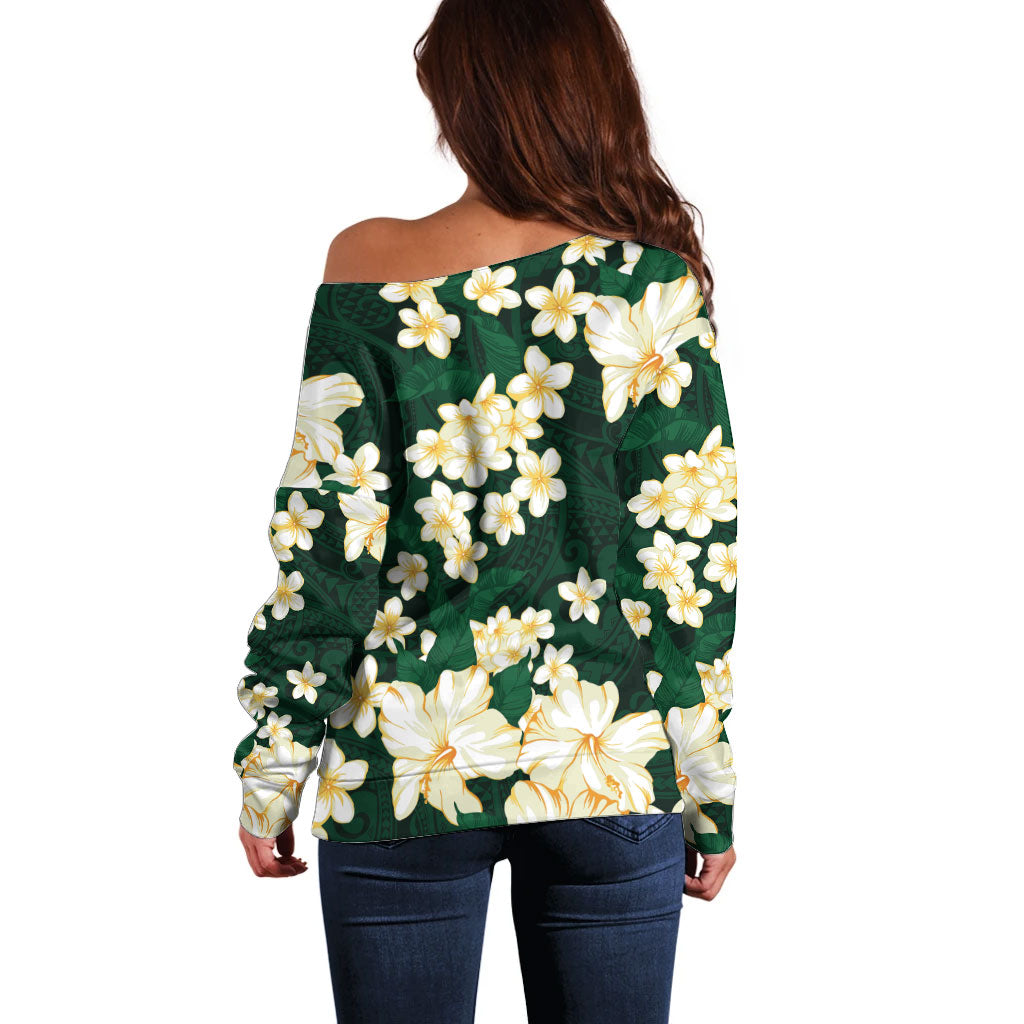 Hawaii Hibiscus Plumeria Green Off Shoulder Sweater Polynesian Pattern LT01 - Polynesian Pride