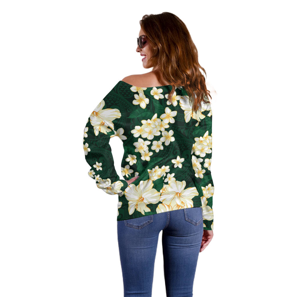 Hawaii Hibiscus Plumeria Green Off Shoulder Sweater Polynesian Pattern LT01 - Polynesian Pride