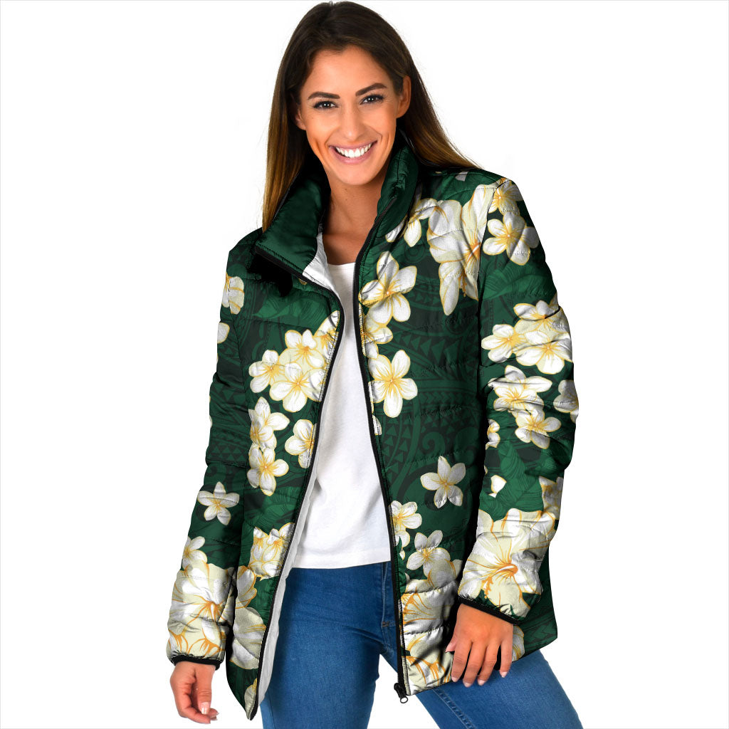 Hawaii Hibiscus Plumeria Green Padded Jacket Polynesian Pattern LT01 Women Green - Polynesian Pride