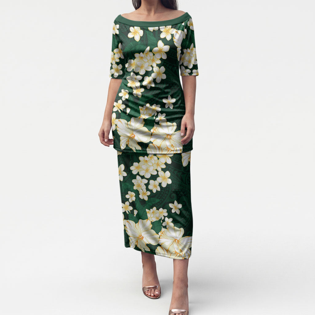 Hawaii Hibiscus Plumeria Green Puletasi Polynesian Pattern LT01 Long Dress Green - Polynesian Pride