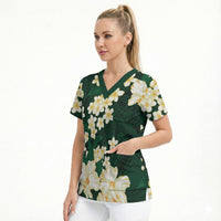 Hawaii Hibiscus Plumeria Green Scrub Top Polynesian Pattern LT01 - Polynesian Pride