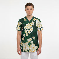 Hawaii Hibiscus Plumeria Green Scrub Top Polynesian Pattern LT01 - Polynesian Pride