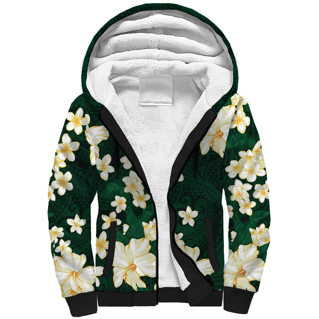 Hawaii Hibiscus Plumeria Green Sherpa Hoodie Polynesian Pattern LT01 Unisex Green - Polynesian Pride