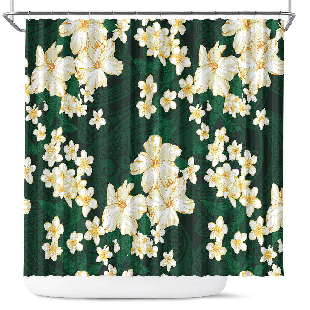 Hawaii Hibiscus Plumeria Green Shower Curtain Polynesian Pattern LT01 Green - Polynesian Pride