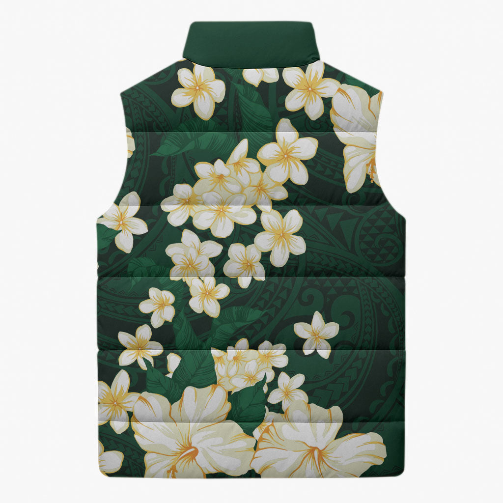 Hawaii Hibiscus Plumeria Green Sleeveless Puffer Jacket Polynesian Pattern LT01 - Polynesian Pride