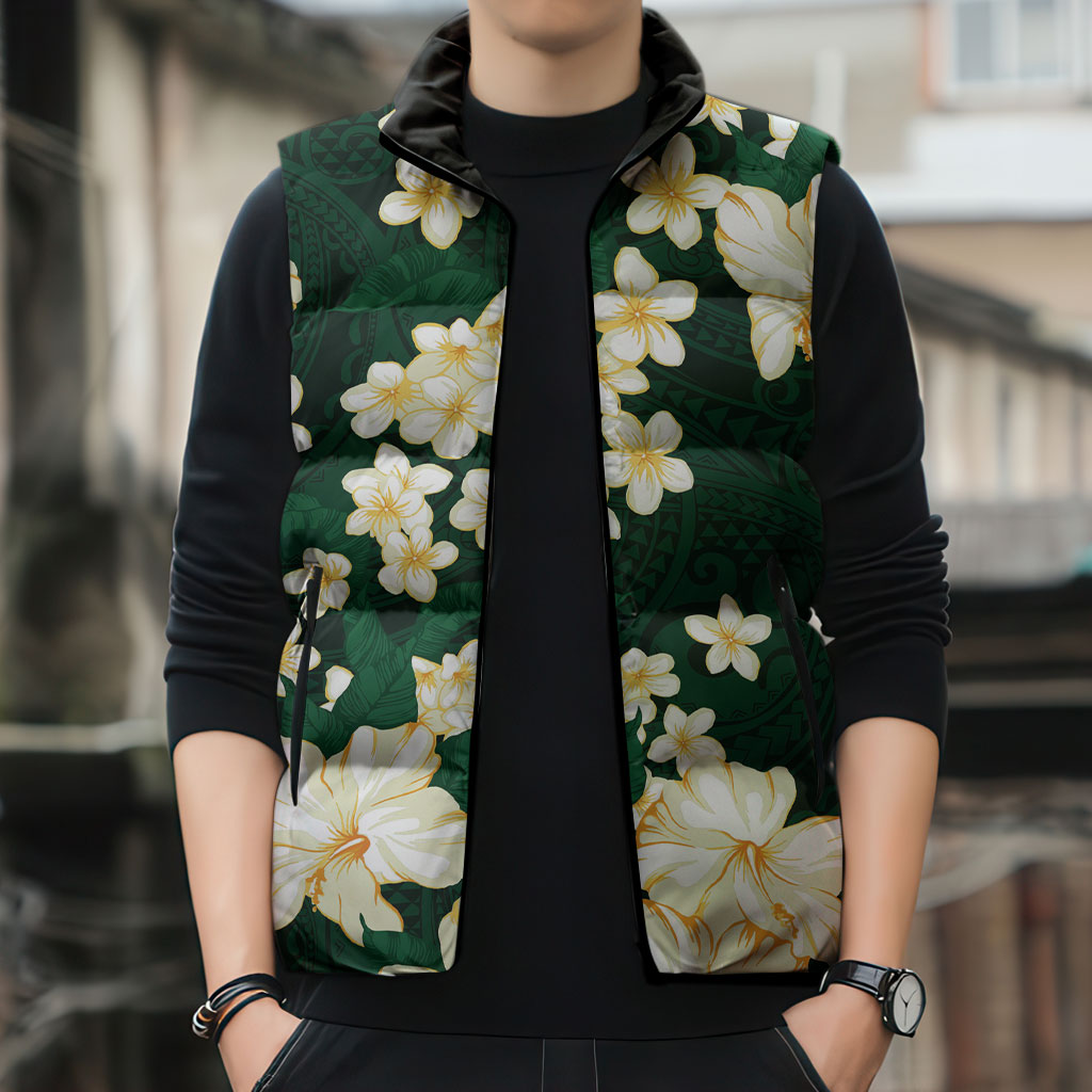 Hawaii Hibiscus Plumeria Green Sleeveless Puffer Jacket Polynesian Pattern LT01 - Polynesian Pride