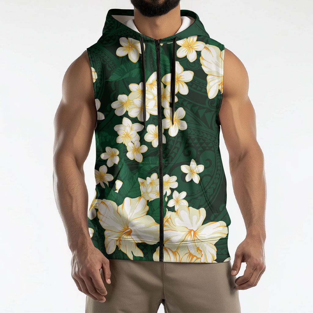 Hawaii Hibiscus Plumeria Green Sleeveless Zip Hoodie Polynesian Pattern LT01 - Polynesian Pride