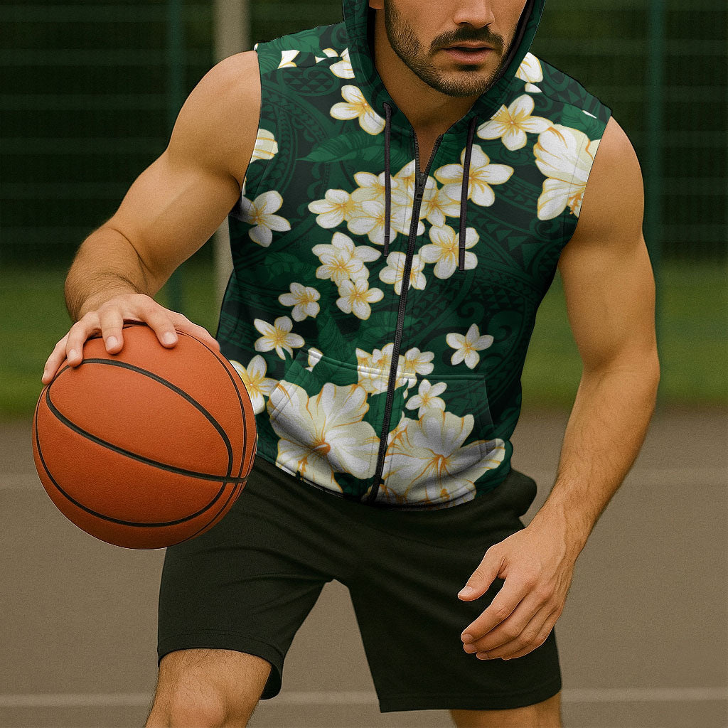 Hawaii Hibiscus Plumeria Green Sleeveless Zip Hoodie Polynesian Pattern LT01 - Polynesian Pride
