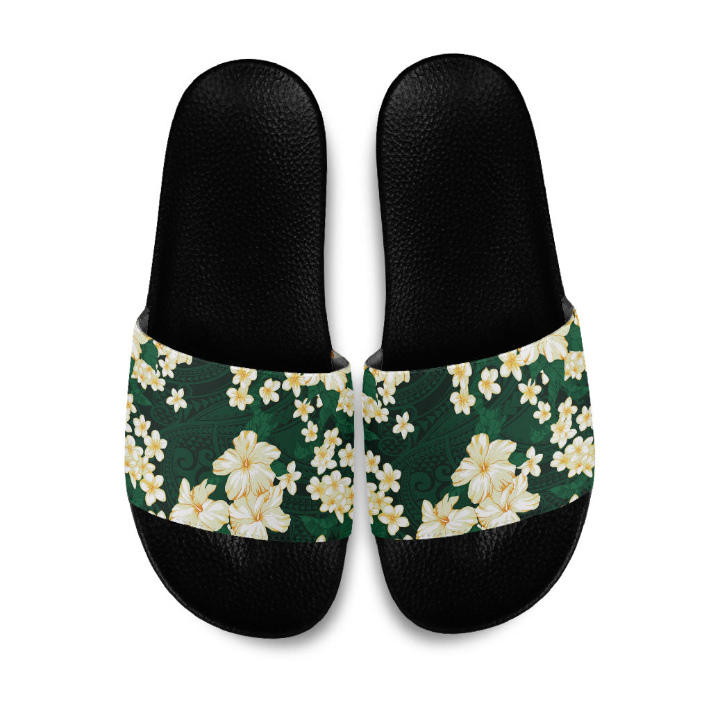 Hawaii Hibiscus Plumeria Green Slide Sandals Polynesian Pattern LT01 Green - Polynesian Pride