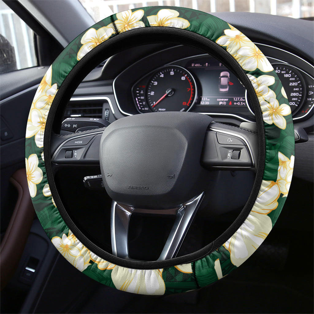 Hawaii Hibiscus Plumeria Green Steering Wheel Cover Polynesian Pattern LT01 - Polynesian Pride