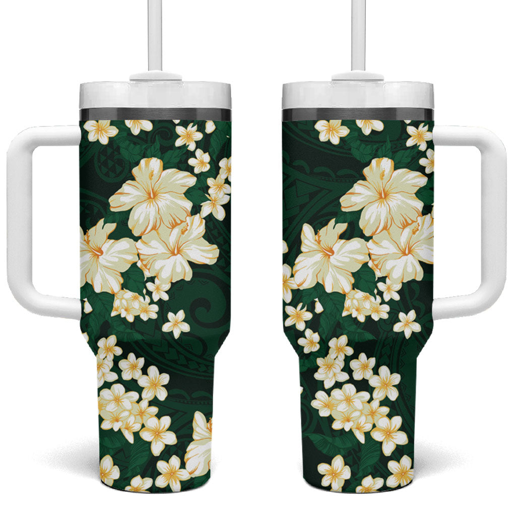 Hawaii Hibiscus Plumeria Green Tumbler With Handle Polynesian Pattern LT01 One Size: 40 oz Green - Polynesian Pride
