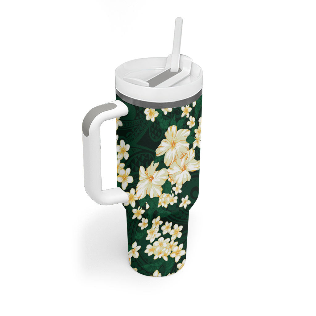 Hawaii Hibiscus Plumeria Green Tumbler With Handle Polynesian Pattern LT01 - Polynesian Pride